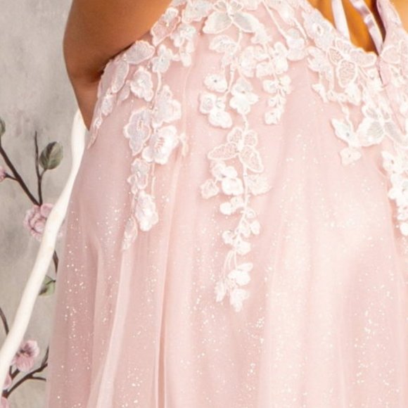 NEW FORMAL SLEEVELESS LACE UP BACK DRESS EMBROIDERED WITH FLORAL LACE GL3328 - Picture 11 of 12